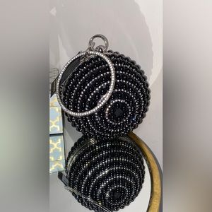 NWT BADGLEY MISCHKA Black Faux Diamond/Rhinestone  studded round Wristlet Purse.